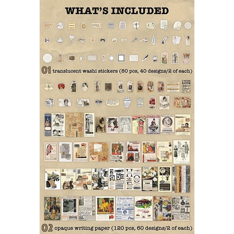 200 Pcs Vintage Ephemera Pack Junk Journal Kit Scrapbook Planner Supplies for Art Journaling Collage Craft (Exploration)