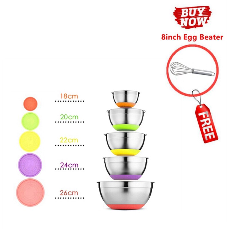 Stainless Steel Nesting Mixing Bowls with Airtight Lids Kitchen Food Salad Bowls Set Non-slip Silicone Bottom Whisking Bowls Set: 18-20-22-24-26cm Set