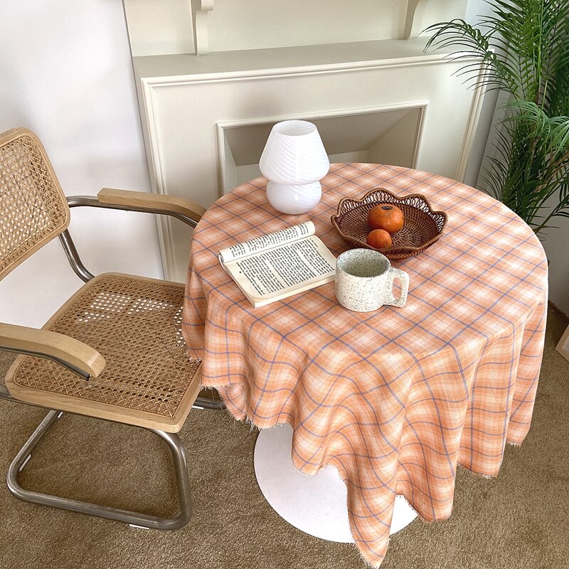 INS Plaid Tablecloth Cotton Linen Dust Proof Fresh Checkered Table Cloth Photo Props Background Home Dining Table Decor Cover: Orange plaid style / 100X150cm