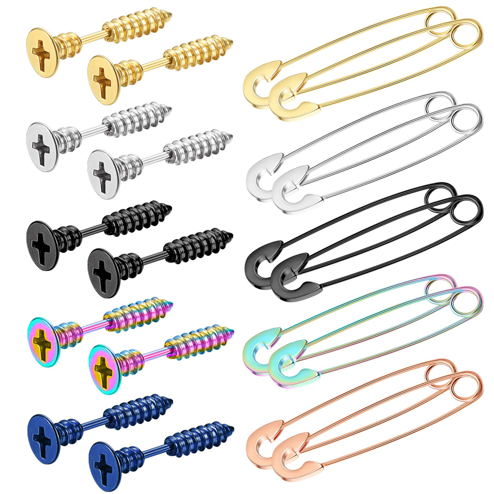 1 par 16g unisex ørestikker i rustfrit stål til mænd, punk, goth, hiphop-stil, spike, krydsskruer, sikkerhedsnåle, hoop-øreringe