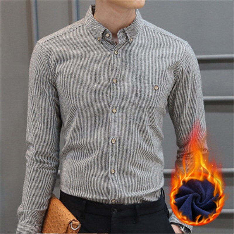 Men's Dress Shirts Spring Stripe Shirts Male 100% Cotton Shirts Full Sleeve Plus velvet to keep warm Recreational shirts