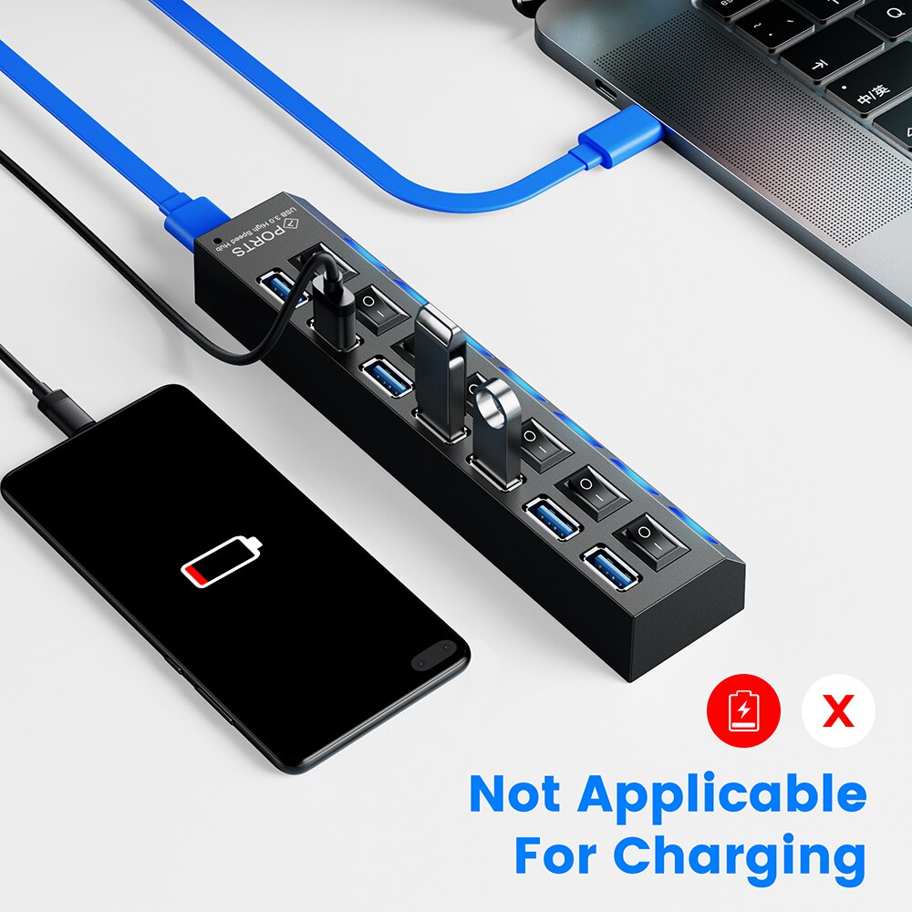 HUB USB 3.0 à plusieurs ports avec interrupteur, répartiteur pour PC, adaptateur d&#39;alimentation multiple USB 2.0