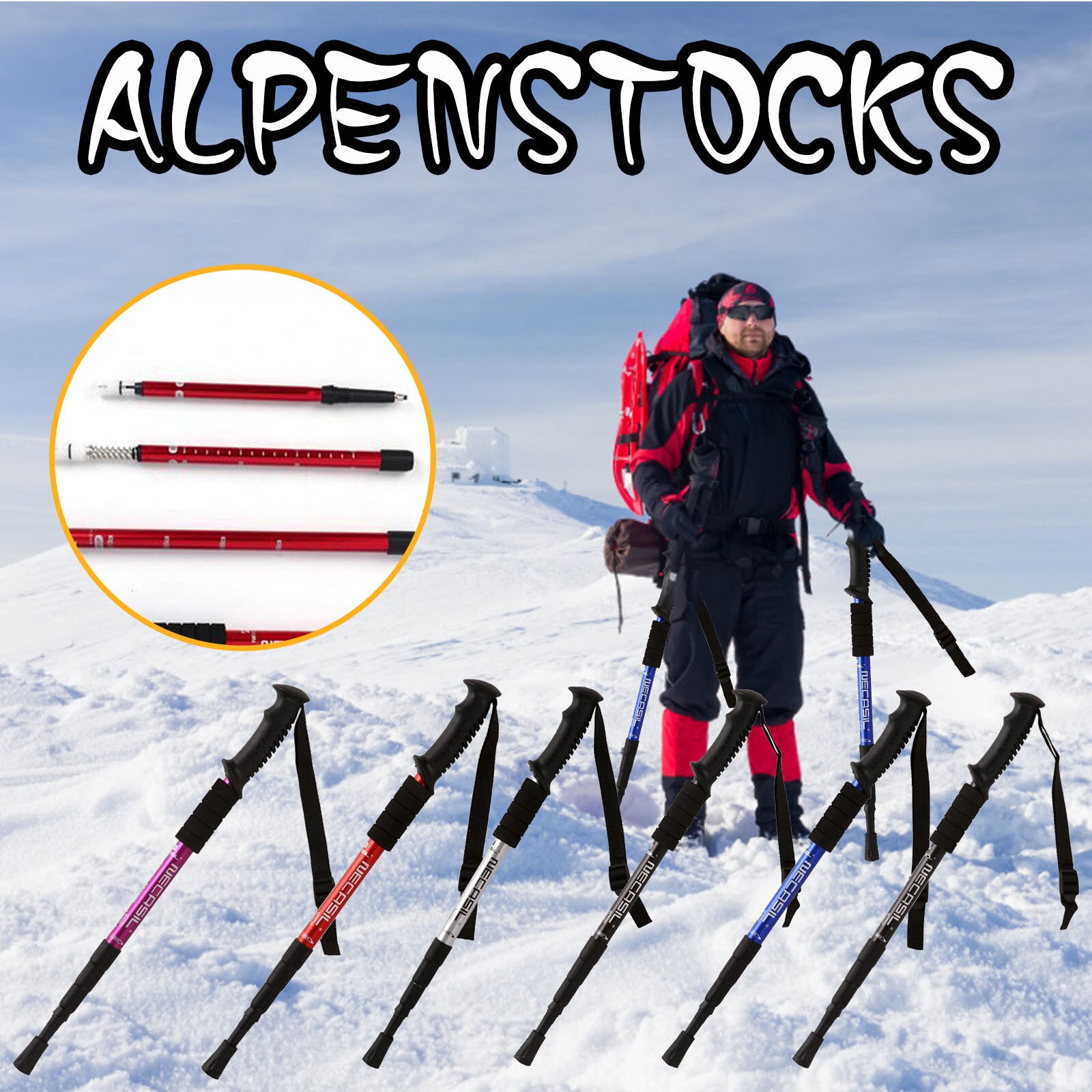 Folding Trekking Pole Aluminum Alloy Straight Handle Trekking Pole Telescopic Shock Absorption Outdoor Running Walking Stick @40