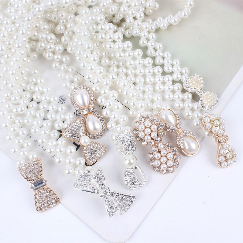 Correa de cadena fina con sello de elasticidad elástica de la cintura blanca para mujer, diamantes de imitación y perlas para decoración de falda, fajas de ,