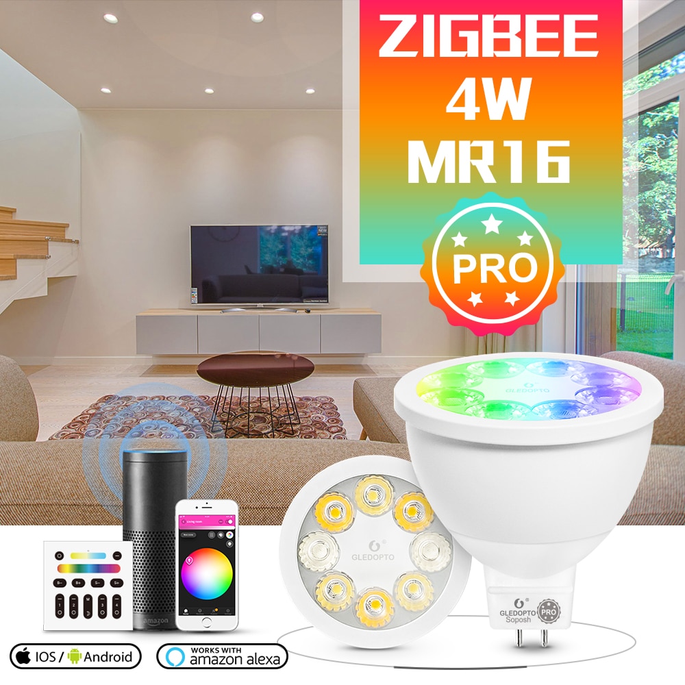 Gledopto zigbee 3.0 smart rgbcct  MR16 søkelyset pro 4w ac /dc12v pære fungerer med alexa ekko Plus telefon app/stemme/rf fjernkontroll