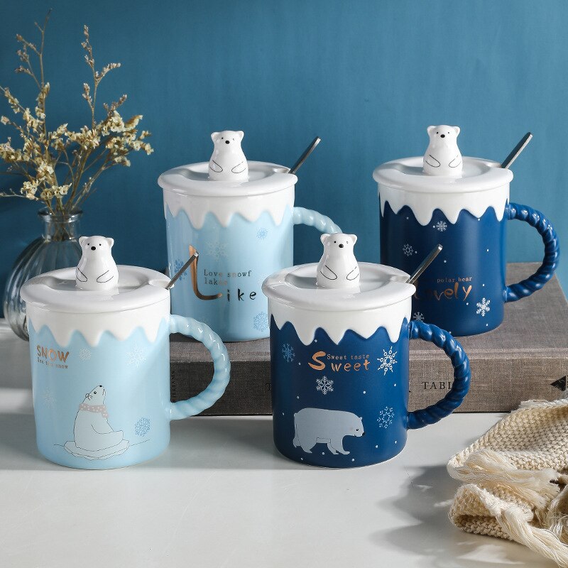 Leuke Ijsbeer Keramische Mok Met Deksel Lepel Koffie Cups Drinkware Koffie Thee Kopjes Student Melk Cup