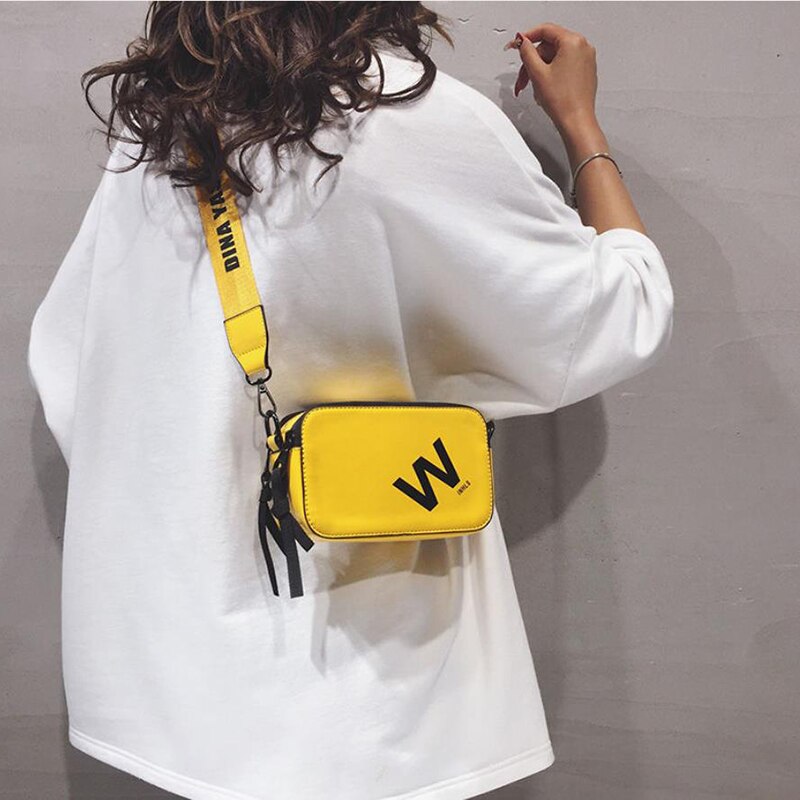 Estilo coreano carta impresión bolso cruzado de cuero Pu cremallera de pequeño cuadrado bolsas para las mujeres Casual bandoleras de viaje: yellow