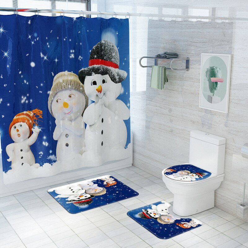 Kerst Badkamer Mat Douchegordijn Gedrukt Douchegordijn Sneeuwpop Bad Mat Anti Slip Mat Microfiber Badkamer Bad Rug: 4pcs-295