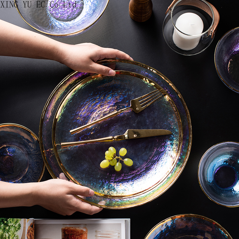 Vajilla de vidrio con borde dorado, plato occidental de comida, plato plano para ensalada, conjunto de carne para banquete, plato de exhibición, vajilla, utensilios de cocina