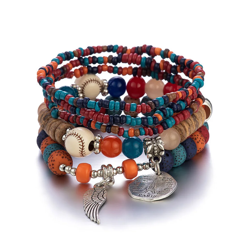 Conjunto de pulsera de árbol de la vida para mujer, brazalete de cadena elástica con cuentas de madera y borlas, joyería de para: Chapado en rodio