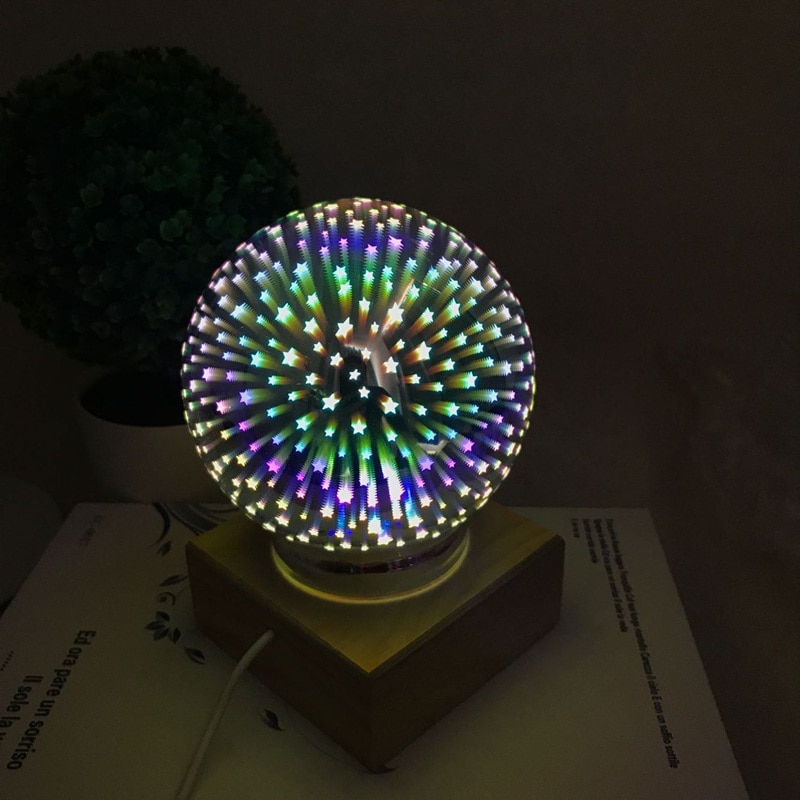 3d gennemsigtige glasbold natlys magiske farverige fyrværkeri lys massivt træ base festival atmosfære lampe