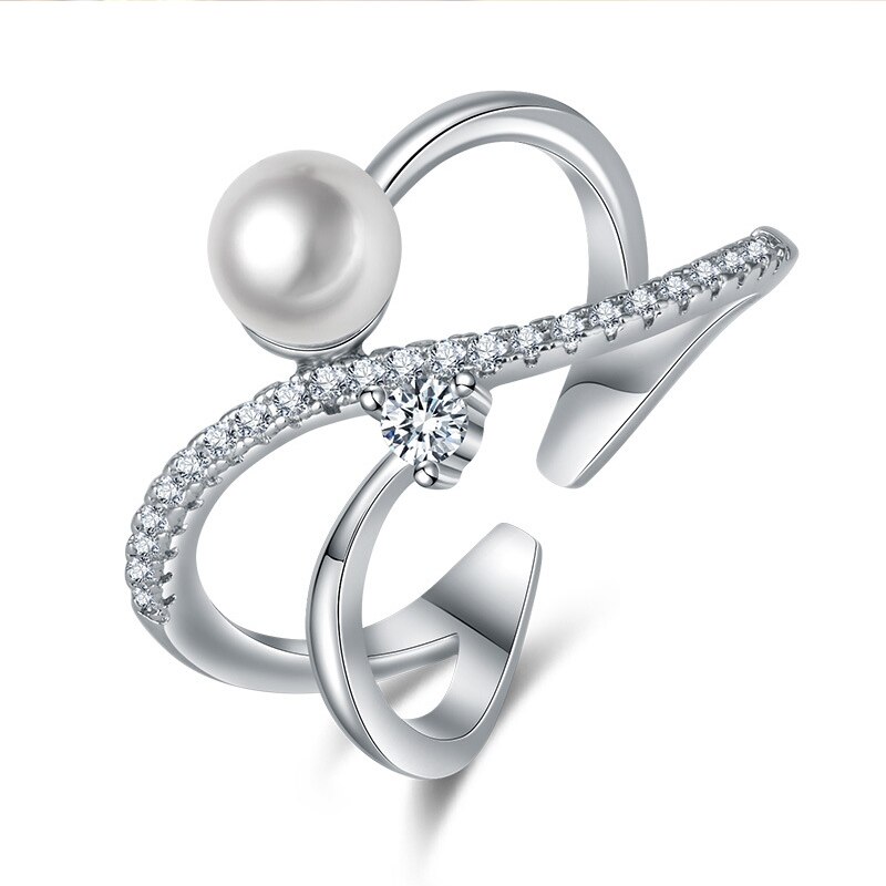 Women's rings, 925 silver jewelry, pearl, zircon gemstones, open finger ring accessories for wedding, engagement, party: Silver