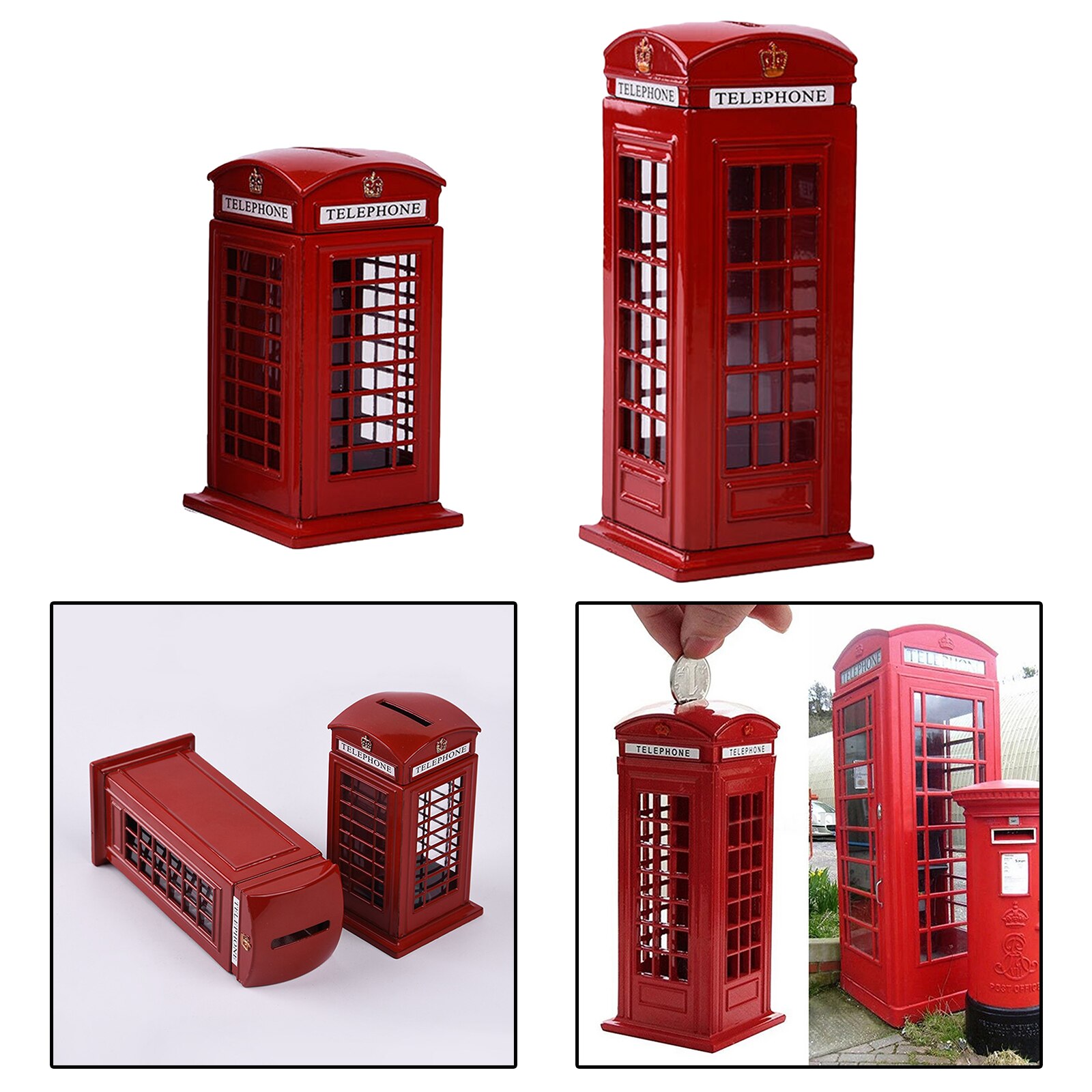 Metal Red British English London Telephone Booth Bank Coin Bank Saving Pot Piggy Bank Red Phone Booth Box Decor Container
