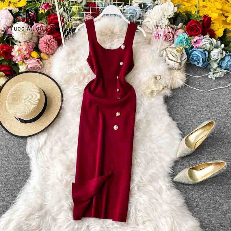Yuoomuoo ins kvinder sommer strikkjole sommerknapper split bodycon kjole slank dame kontorkjole: Burgunder