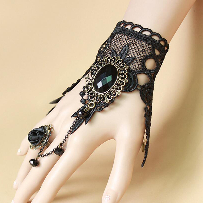 mujeres hechas a mano negro Rhinestone Black Lace Arm Bracelet gótico & Vintage joyería de C640