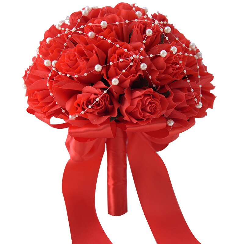JaneVini Champagne White Bridal Flowers Bride Hand Bouquet Pearls Artificial Groom Flower Bouquet Brooch Mazzi Di Fiori: Red