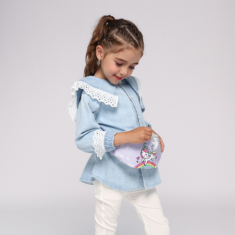 RIEZMAN Cartone Animato Unicorno Sacchetto Della Vita Delle Ragazze Paillettes Stampe Di Moda Pacchetto di fanny Bambini Cinghia Della Spalla Borse per Le Donne Borsa Petto Sacchetto Della Vita