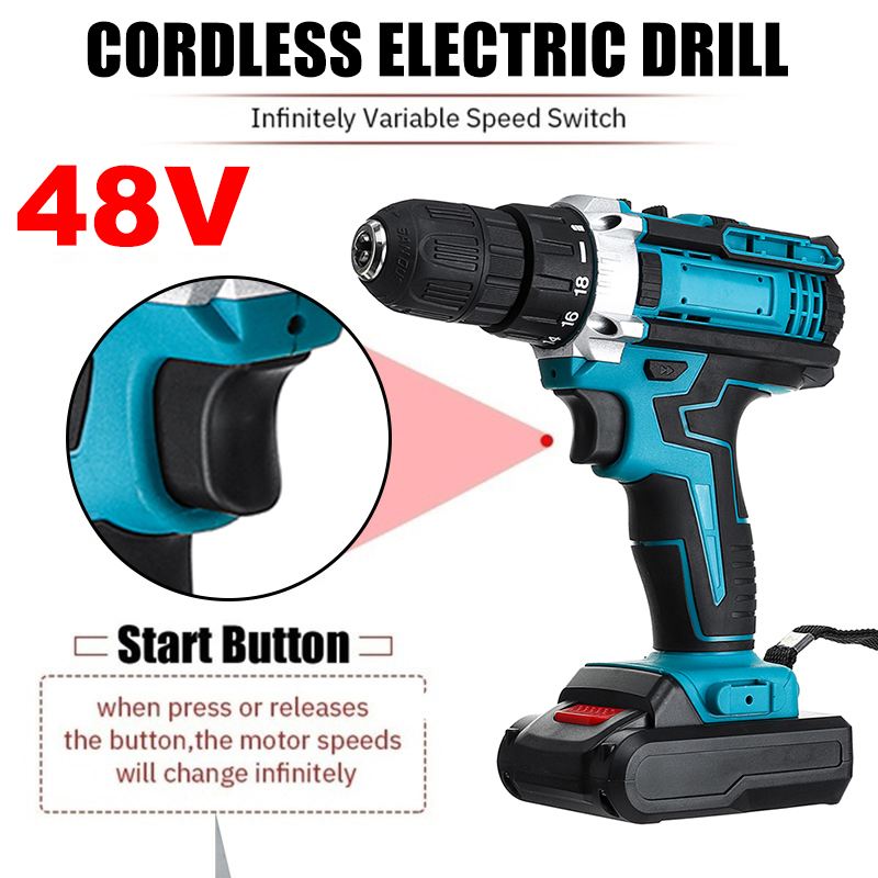 48V Cordless Drill Electric Screwdriver Dual Speed 18+2 Torque Power Driver With 1/2pcs Rechargeable Lithium-Ion Battery