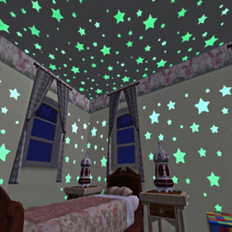 * 100 pcs. 3D stars glow in the dark Luminous on Wall Stickers for Kids Room living room Wall Decal Home Decoration poster