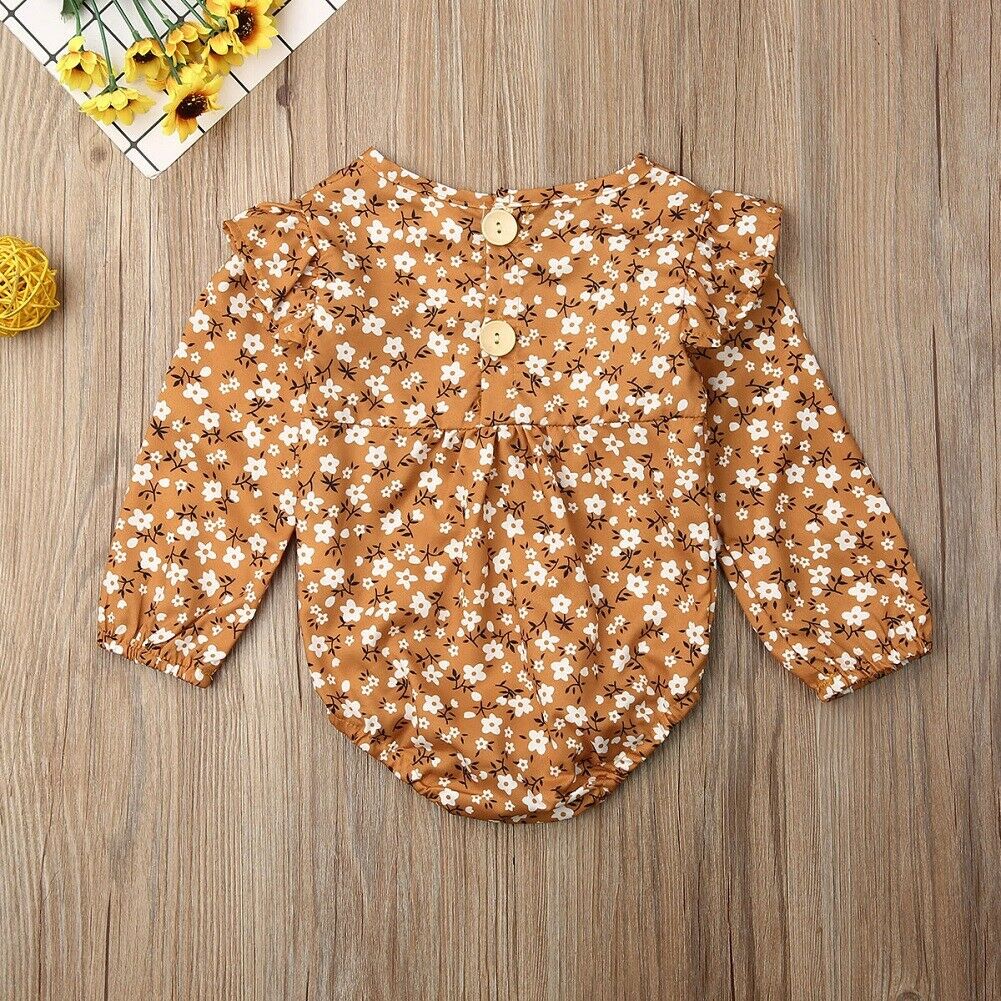 0-24M Newborn Baby Girls Boys Bodysuits Long Sleeve Ruffle Flowers Print Jumpsuit Outfit Autumn Clothes