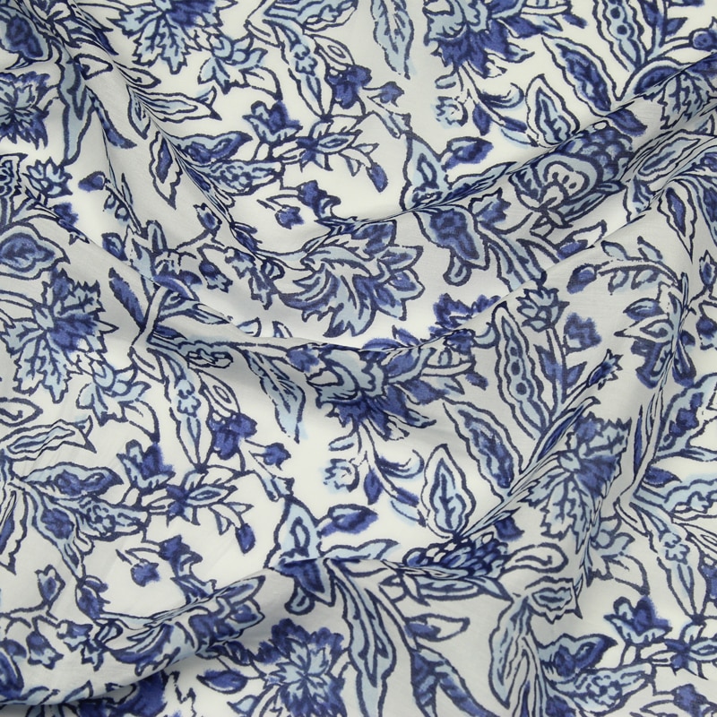 Kina kina print silke bomuld blandet stof blå blomstermønster, sct 475