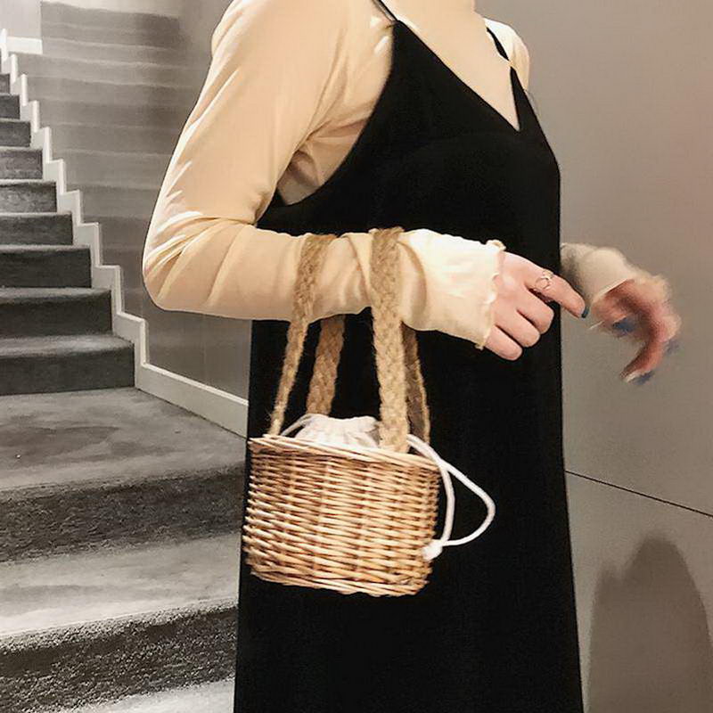 Women Woven Straw Bucket Handbag Lady Summer Beach Mini Bags FA$3
