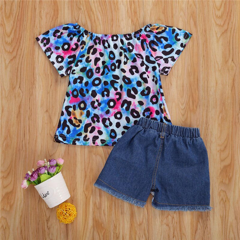 bébé été vêtements infantile enfants bébé fille cravate teinture léopard vêtements ensemble coloré chemise hauts déchiré trou Denim bas