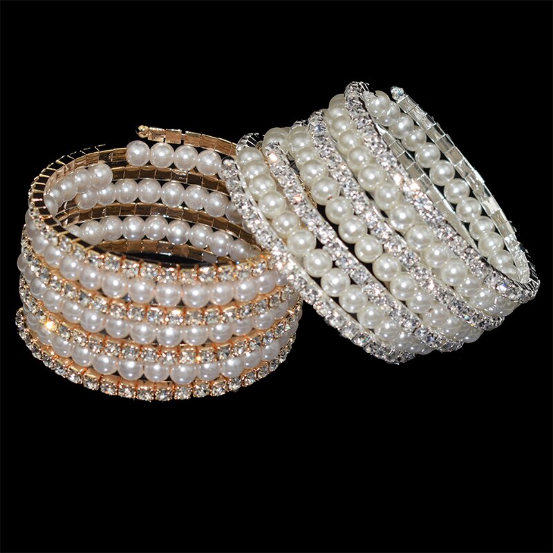 Bracelets multicouches élégants en cristal pour femmes, Imitation perle, plaqué or et argent,
