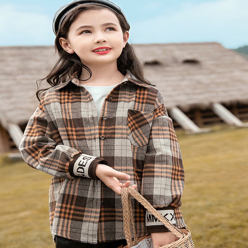 Spring Kids Casual Loose Tops Single-breasted Brown Plaid Long Sleeve Shirts Girls Back To School Outfit for Teen 10/12: 4T