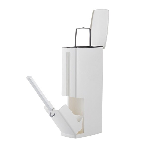 3in1 Waste Bin Trash Can With Toilet Brush Dustbin For Bathroom Narrow Trash Bucket Plastic Garbage Bag Holder Rubbish Container: White