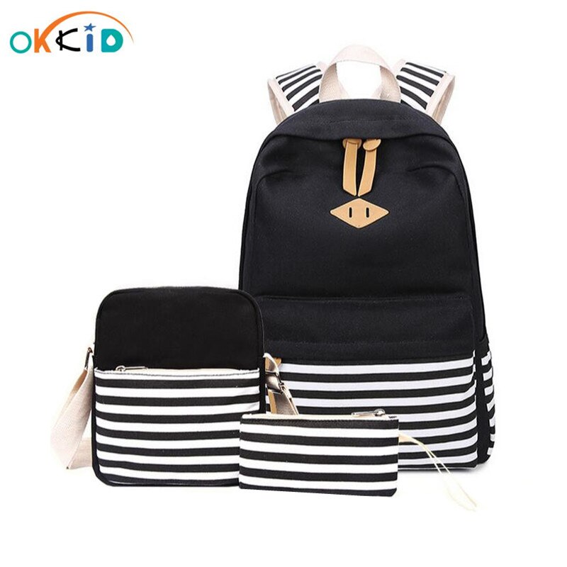 3 pièces noir et blanc rayure vintage toile sac à dos fille cartable enfants sac à dos sacs d'école pour filles sac à bandoulière porte-crayon