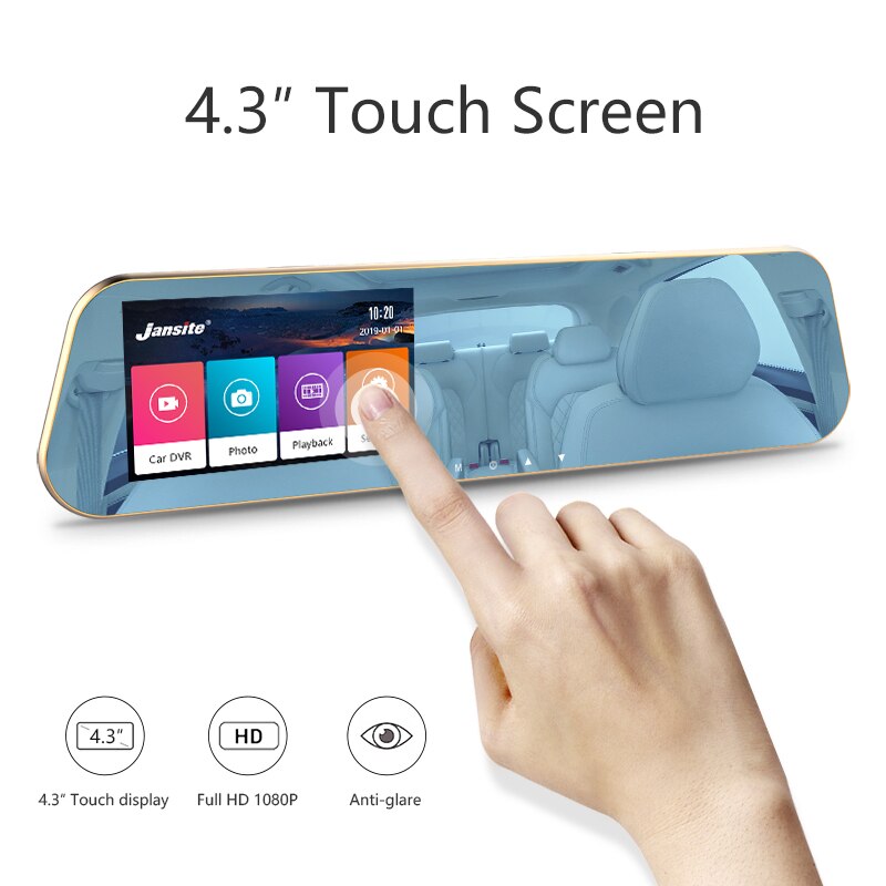 Jansite 4.3 inch Touch Screen 1080P Car DVR Mirror Dash Cam Car Camera Recorder Rear View Mirror Registrar Night Vision
