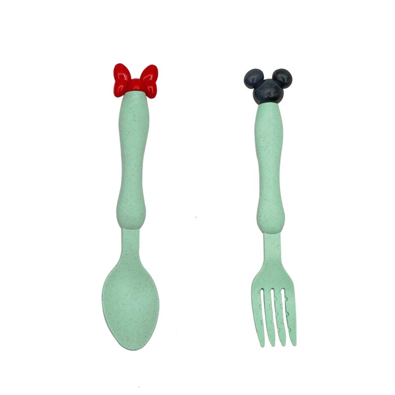 2pcs Baby Feeding Tableware Set Eco-Friendly Wheat Straw Infant Plate Children Dish Dinnerware Kids Anti Training Bowl+Spoon: Green SpoonFork