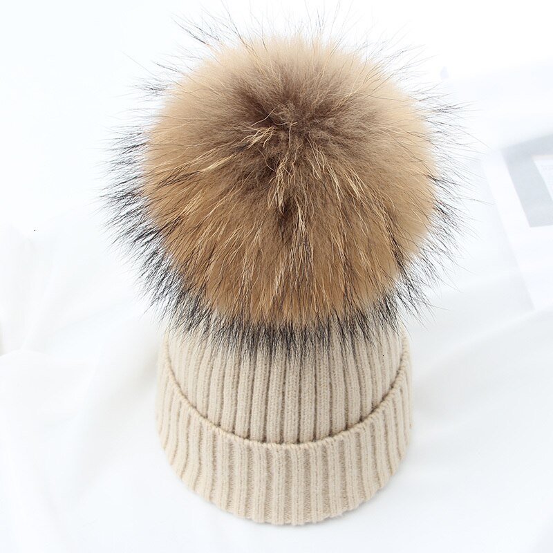 Vinter brand kvindelig pels pom poms hat vinter hat til kvinder piger hat strikkede beanies cap hat tyk kvinder uld skullies beanies: Beige