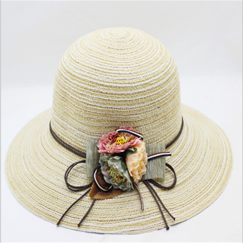 Women Ladies Summer Big Wide Brim Straw Hat Floppy Derby Beach Sun Foldable Cap: Beige