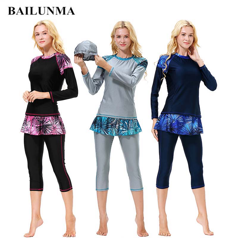 BAILUNMA Female Burkinis Muslim Swimwear Modest swim wear women Swimsuit Patchwork Long Sleeve Islamic Swimsuit hijab B1011