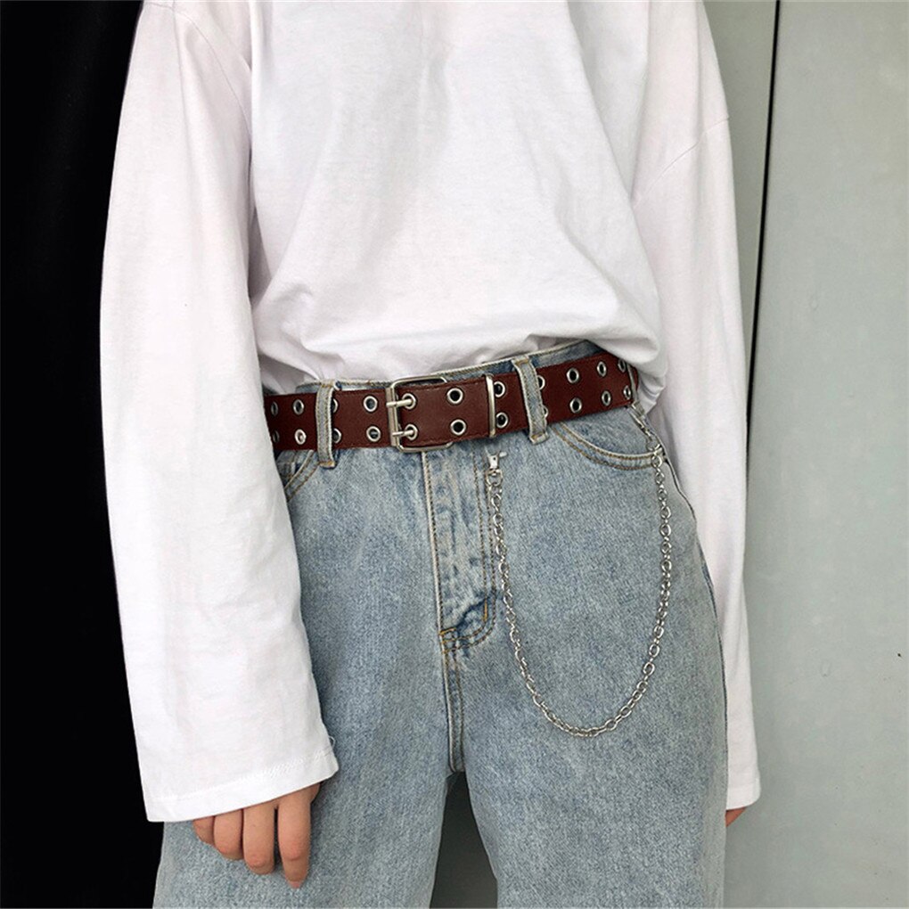Women Punk Chain Belt Adjustable Double Row Hole Eyelet Waistband with Eyelet Chain Decorative Belts
