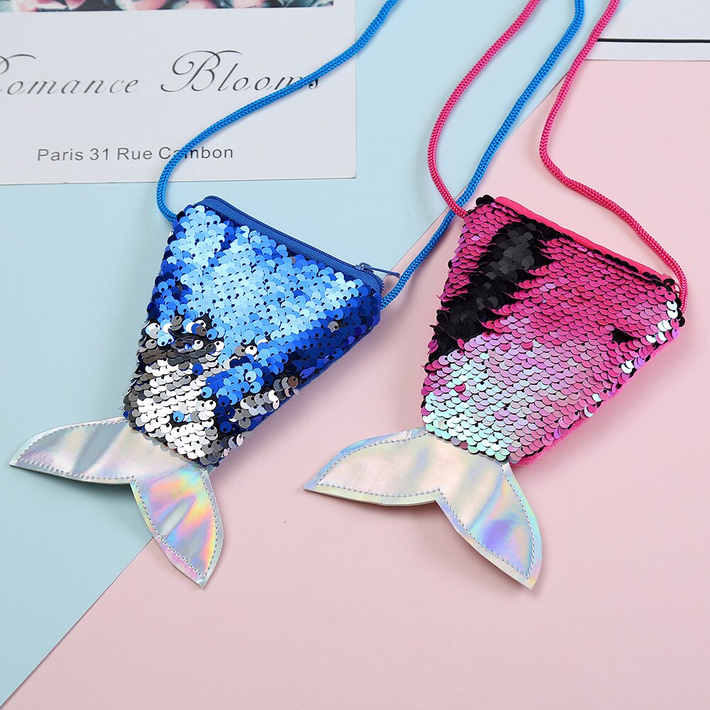 Söt unge flicka färgglad förändring paljett sjöjungfru bling bling svansväska plånbok handväska påse anteckningsfodral