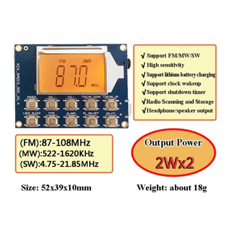 Fm Mw Sw Wireless Radio Receiver Module Dc 3.7V Klok Alarm 2W Stereo Dual Channel