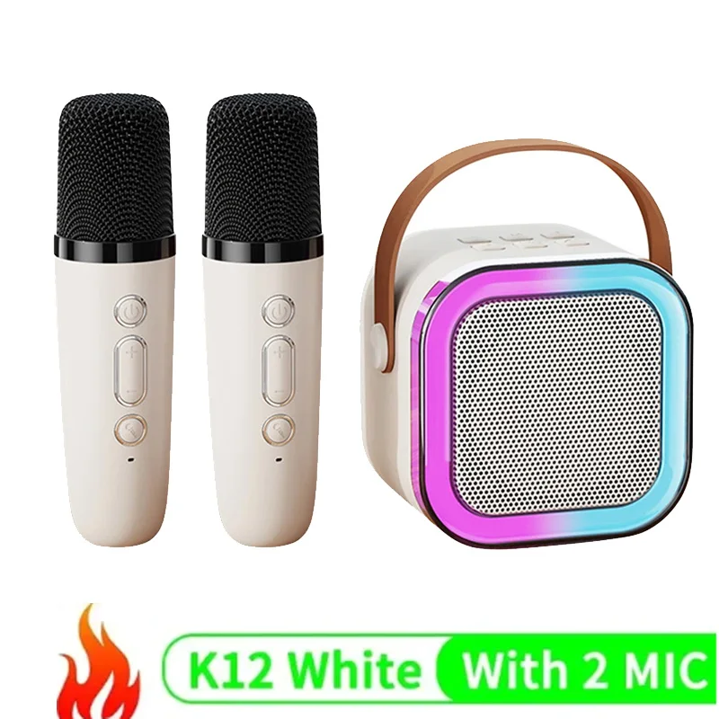 RGB K12 Wireless Bluetooth Speaker With 2 Microphone Multifunction Portable Music Player Karaoke Machine for Child Home: WHITE
