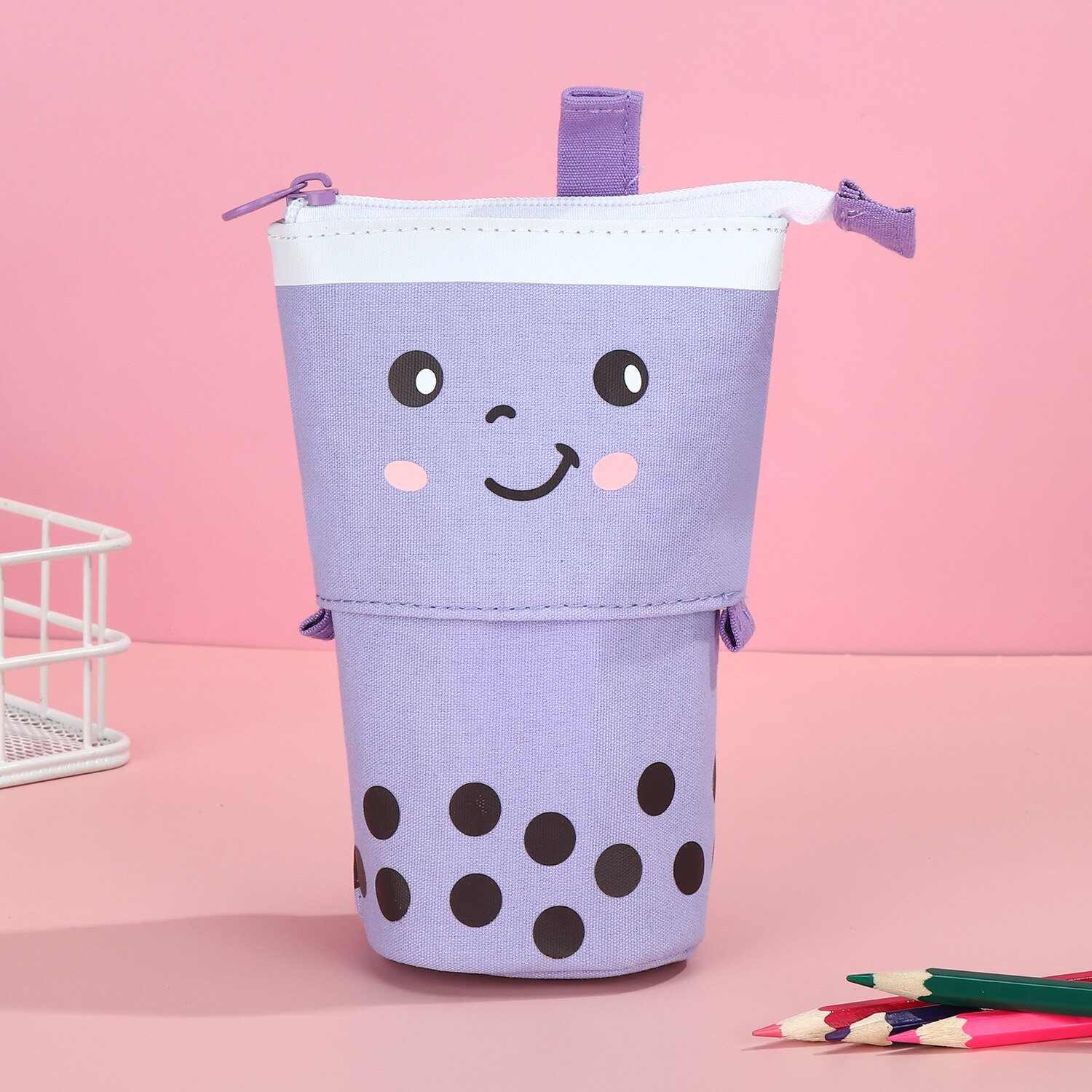 1 Set Cute Boba Milk Tea Pen Case Pencil Holder Stationery Case Stand Up Telescopic Pencil Case Pen Box Stationery Pouch Bag: purple
