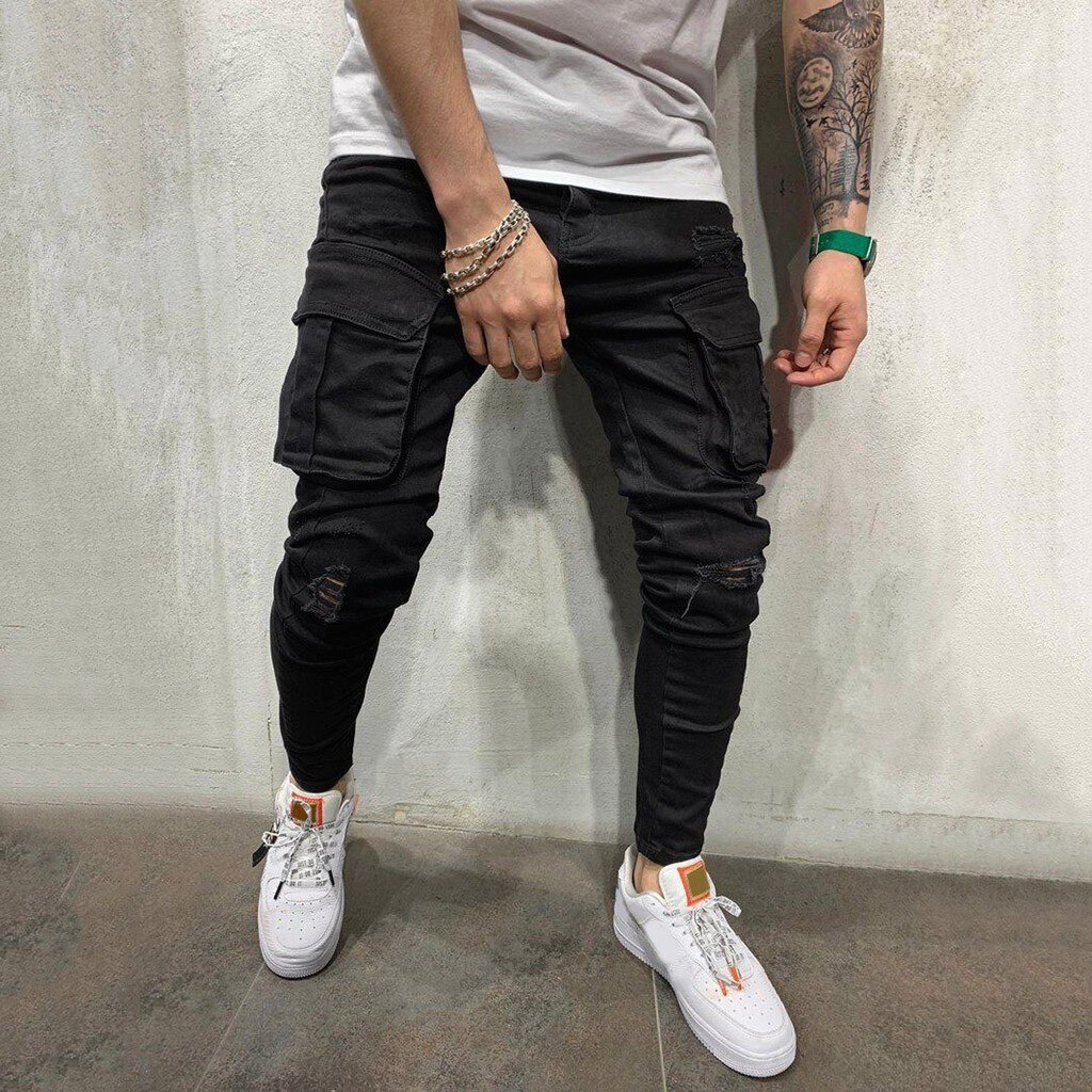 Men Jeans Black Cool Skinny Knee Hole Ripped Stretch Slim Elastic Denim Pants Casual Trousers Street Clothing#g36