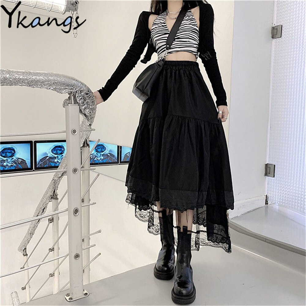 Jupe longue plissée noire et blanche pour femmes, Streetwear, couleur unie, décontractée, ample, élastique, taille haute, volants, doux