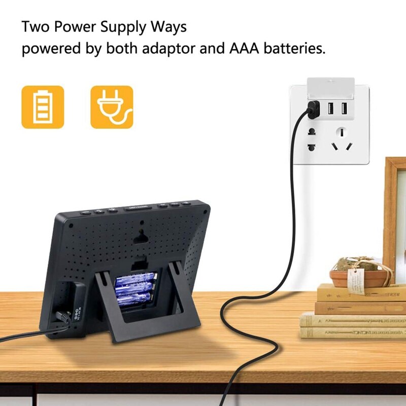 Bezprzewodowy wewnętrzny termometr zewnętrzny, stacja prognozy z kalendarzem i regulowanym podświetleniem dla sypialni-żółty bambus