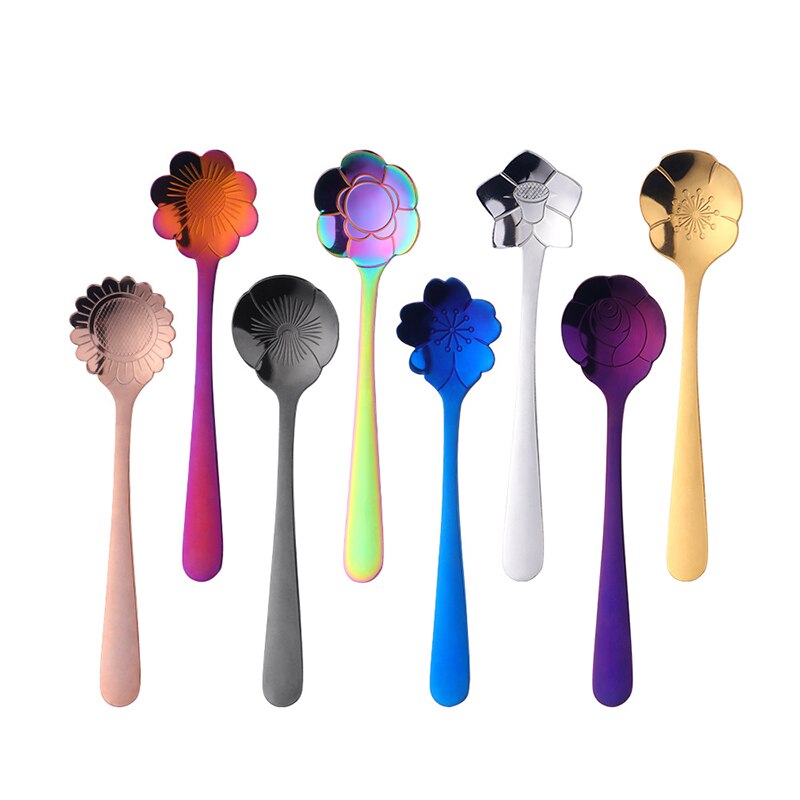 8PCS Mini Cute Flower Stainless Steel Teaspoon Coffee Metal Golden Soup Dessert Spoon Tablespoon Dessert Spoons Kitchen Utensils: 8pcs mix color