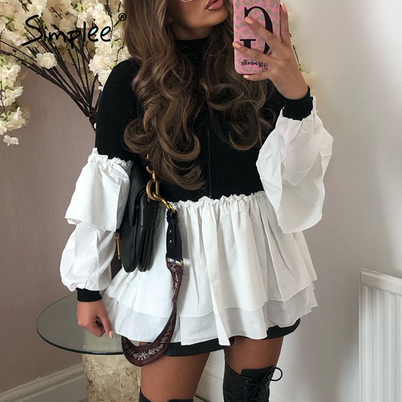 Simplee casual höst kvinnor patchwork blus hög hals långärmad office lady stickad skjorta vit dubbel volang stor gunga topp
