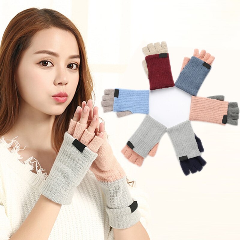 Kvinders halvfingerhandsker holder opvarmning strikkehandske til vinterdamer behagelig  -b5