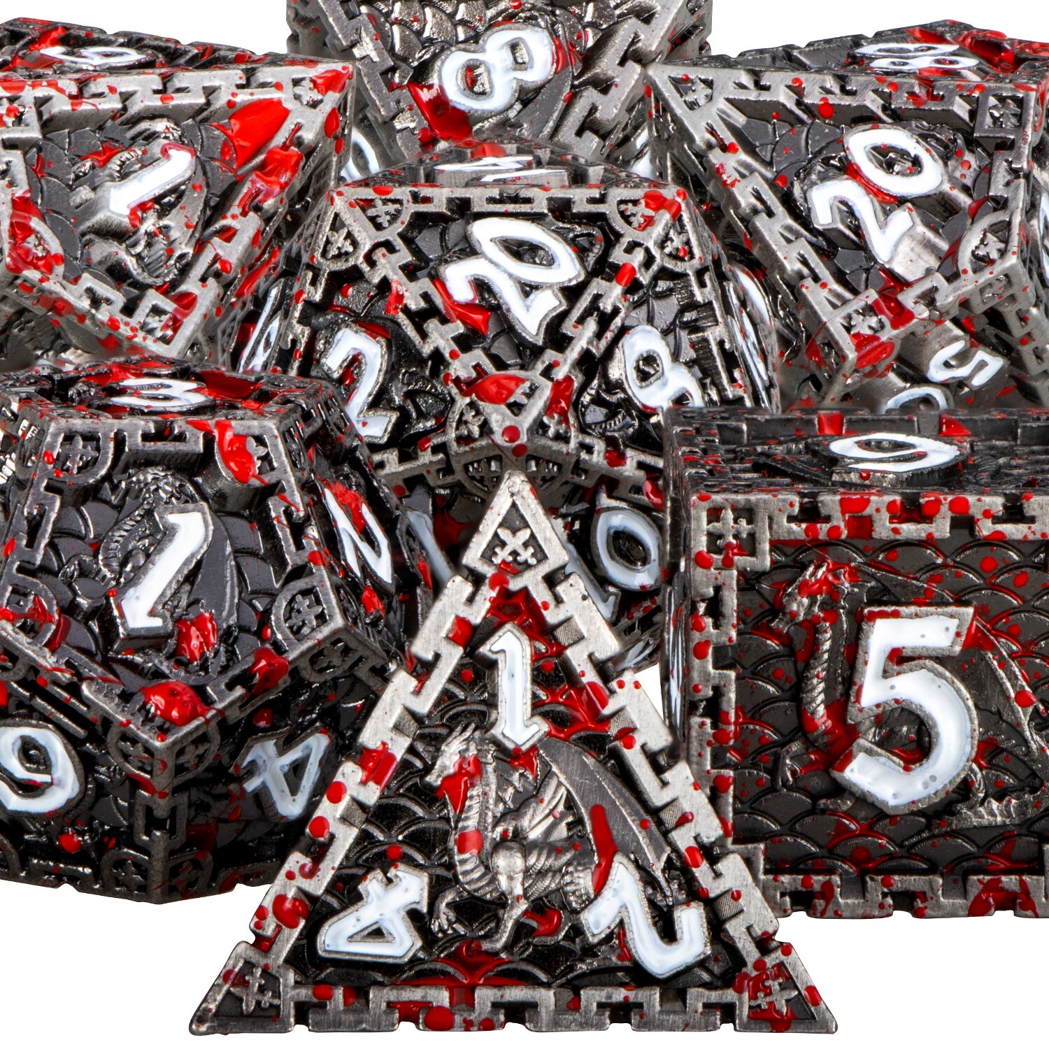 Metal Polyhedral DND Dice Set Dungeon and Dragon D&amp;D Dice for MTG Pathfinder RPG Roll Playing Game D20 D12 D10 D8 D6 D4: Blood Splatter 1