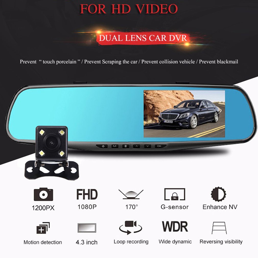 4.3 inch achteruitkijkspiegel auto dvr camera  hd 1080p auto spiegel video recorder met achteruitkijkcamera auto scherm spiegel dashcam