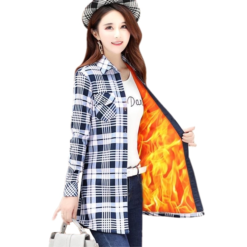 Fløjl tyk varm dame #39 ;s lang plaid skjorte dame toppe med fulde ærmer m-xxxl vinter ternet bluse blusas femininas chemise efterår